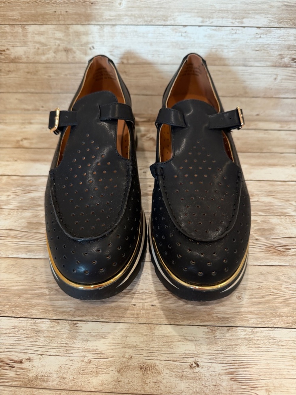 Black Perforated Platform Mary Jane Loafers with Gold Accent Size 10 NWT
